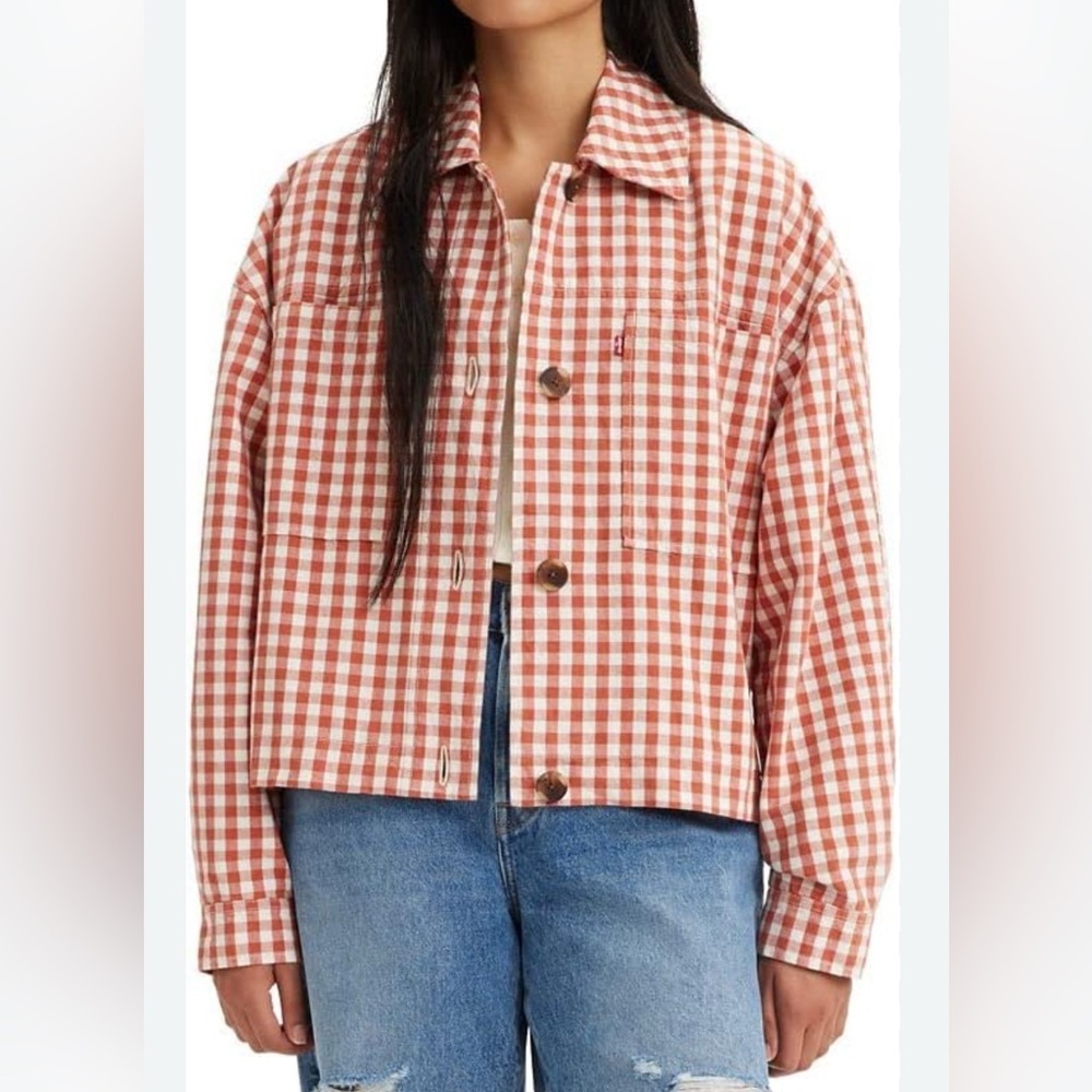 Levi's burnt orange and White gingham coat- size XL